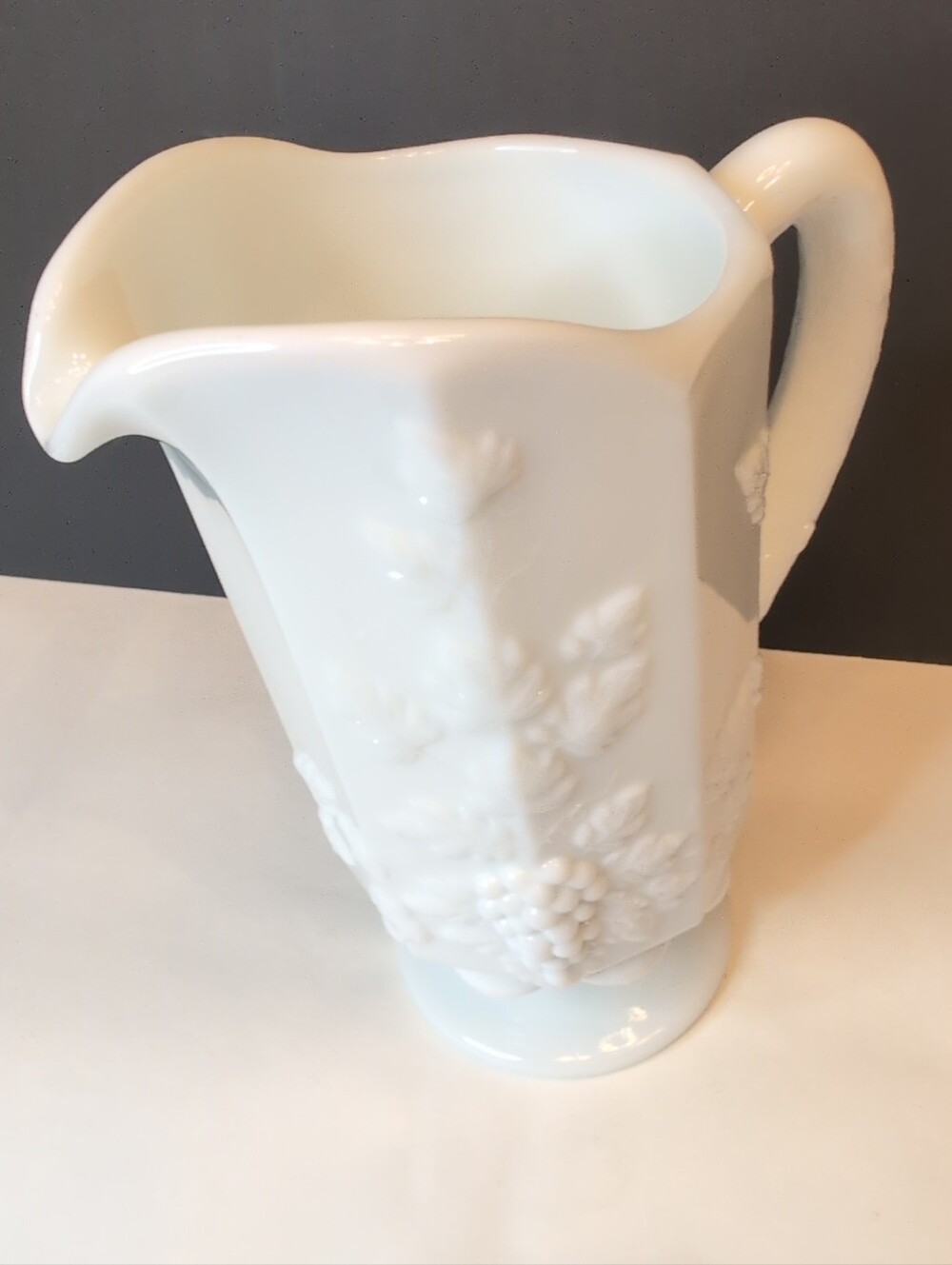 Vintage Westmoreland Paneled Grape Milk Glass 8" Footed Pitcher